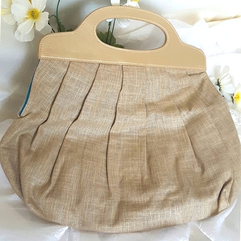 90's🍂Tan-golden Boho Woven Foldable Tote Handbag Clutch| Staud Leather Handles